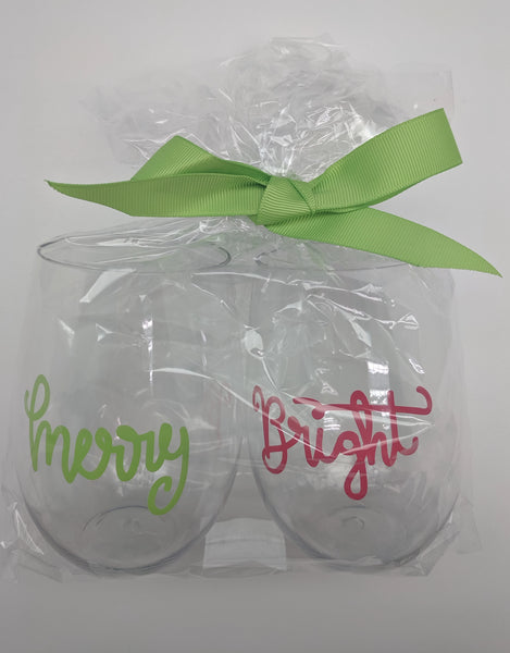 CHRISTMAS WINE PLASTIC CUPS SET OF 2 - MSC - MERRY/BRIGHT SET OF 2 –  Bethesda Fine Stationery